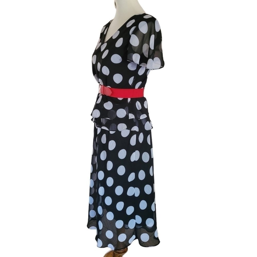 Sheri Martin New York Polka Dot 2 Piece Peplum Top & Tiered Midi Skirt Set 6 - Picture 5 of 7